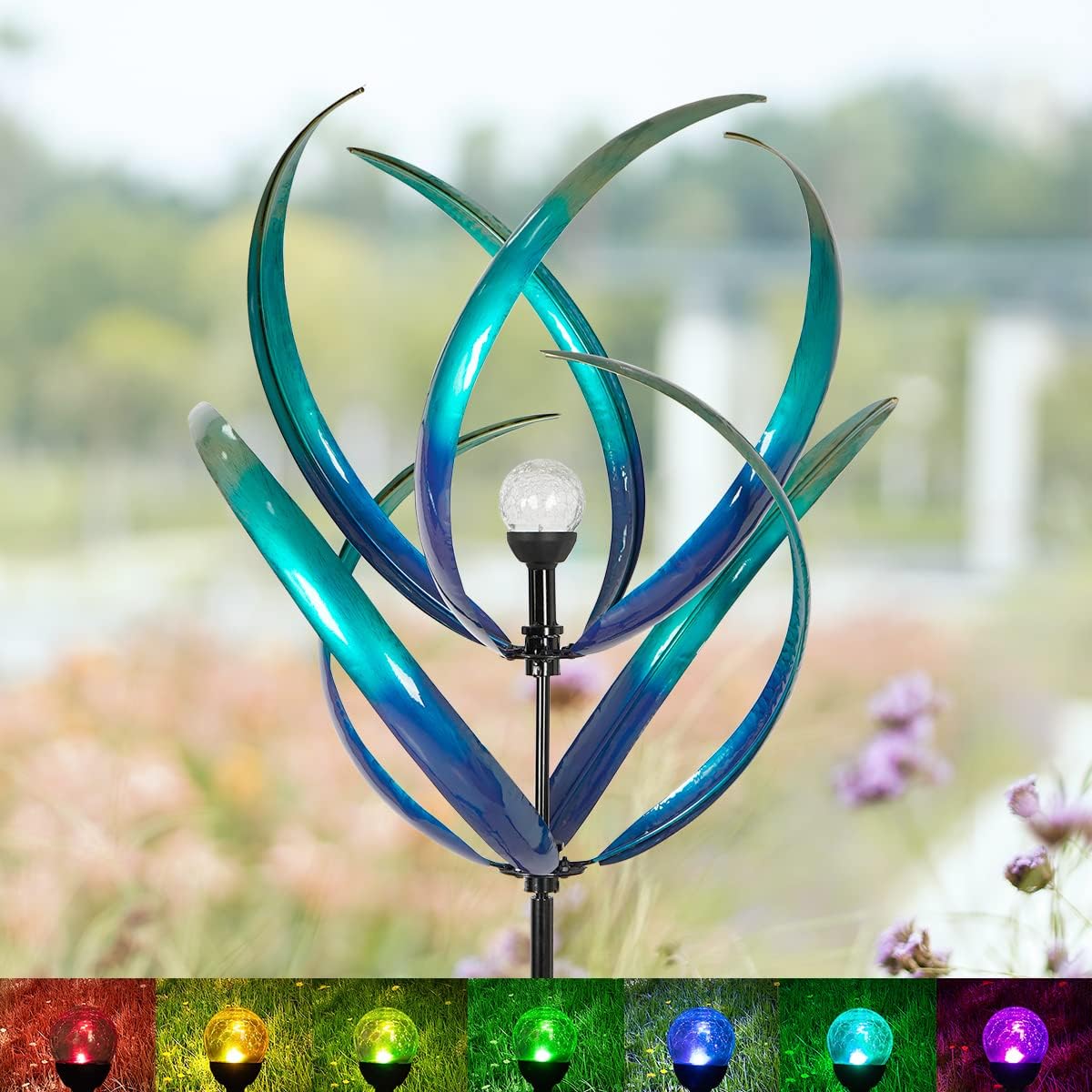 91 inch Wind Spinners Outdoor - Extra Large Outdoor Metal Wind Sculptures Spinners with Stake, Windmills for The Yard Garden, Yard Art Garden Lawn Decor - Blue (27" W x 91" H)