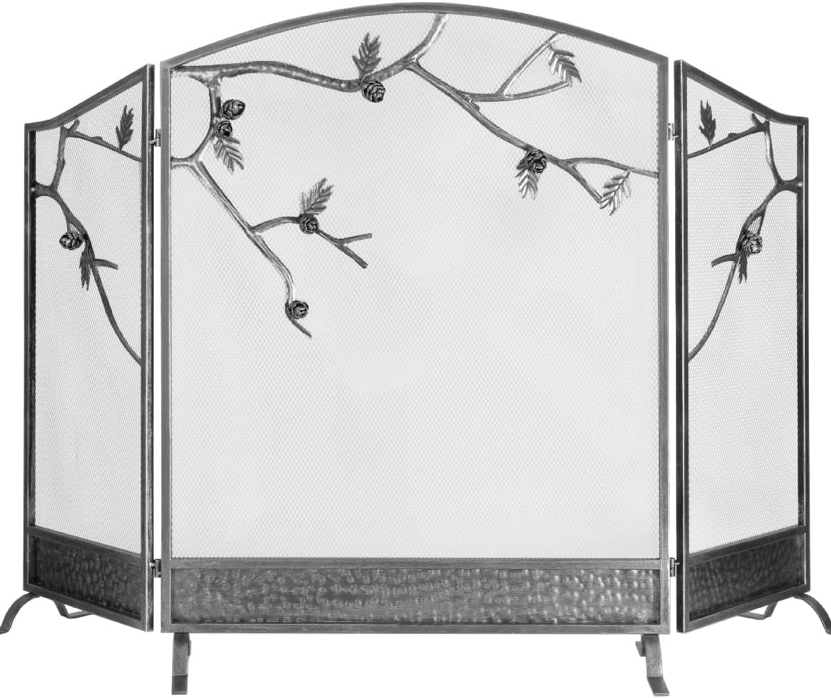 Barton 53x36 Fireplace Screen w/Tree Branches 3 Panel Fire Door Freestanding Cover Decorative Spark Guard Gate Grate, Black