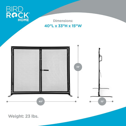BIRDROCK HOME Fireplace Screen with Double Doors - Heavy Duty Iron Mesh, Welded for Durability, Elegant & Secure Fireplace Cover, Easy Assembly - 40 x 33 in, Black
