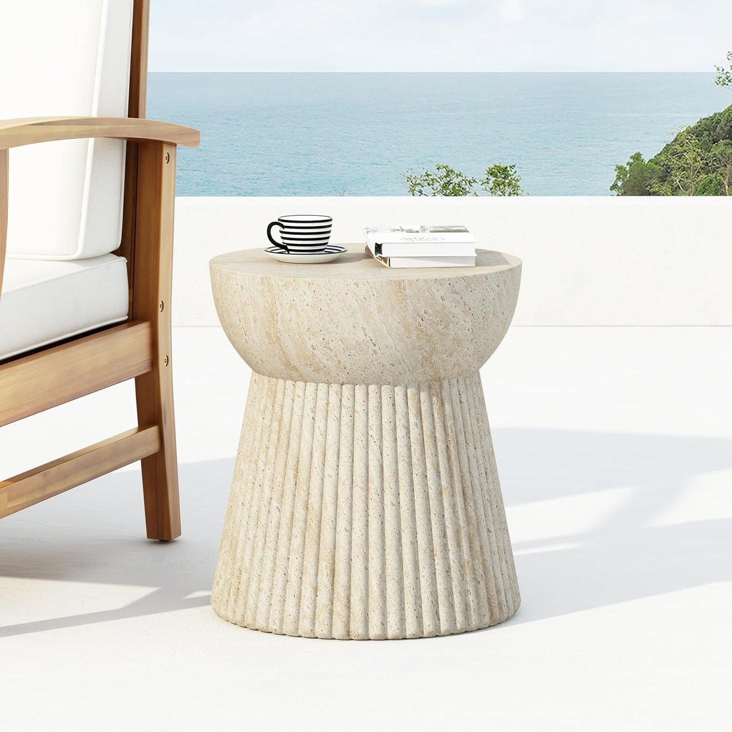 Christopher Knight Home Dila Patio Side Table, Lightweight Concrete End Table, Small Coffee Table, Garden Stool, Decorative Accent Table, Round Table Top, Side Table for Poolside Balcony, Travertine