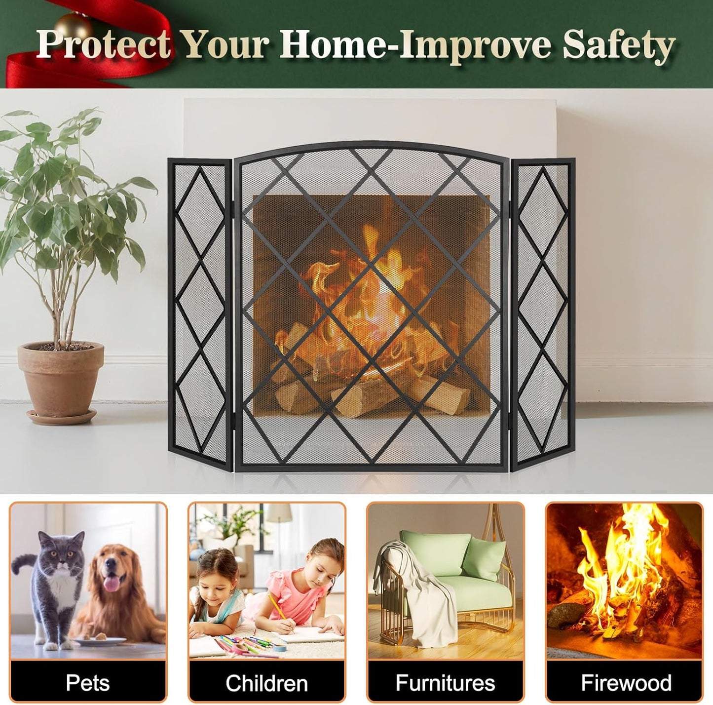 FEED GARDEN 3 Panel Fireplace Screen 48" W x 29" H Modern Foldable with Wrought Metal Decorative Mesh, Black