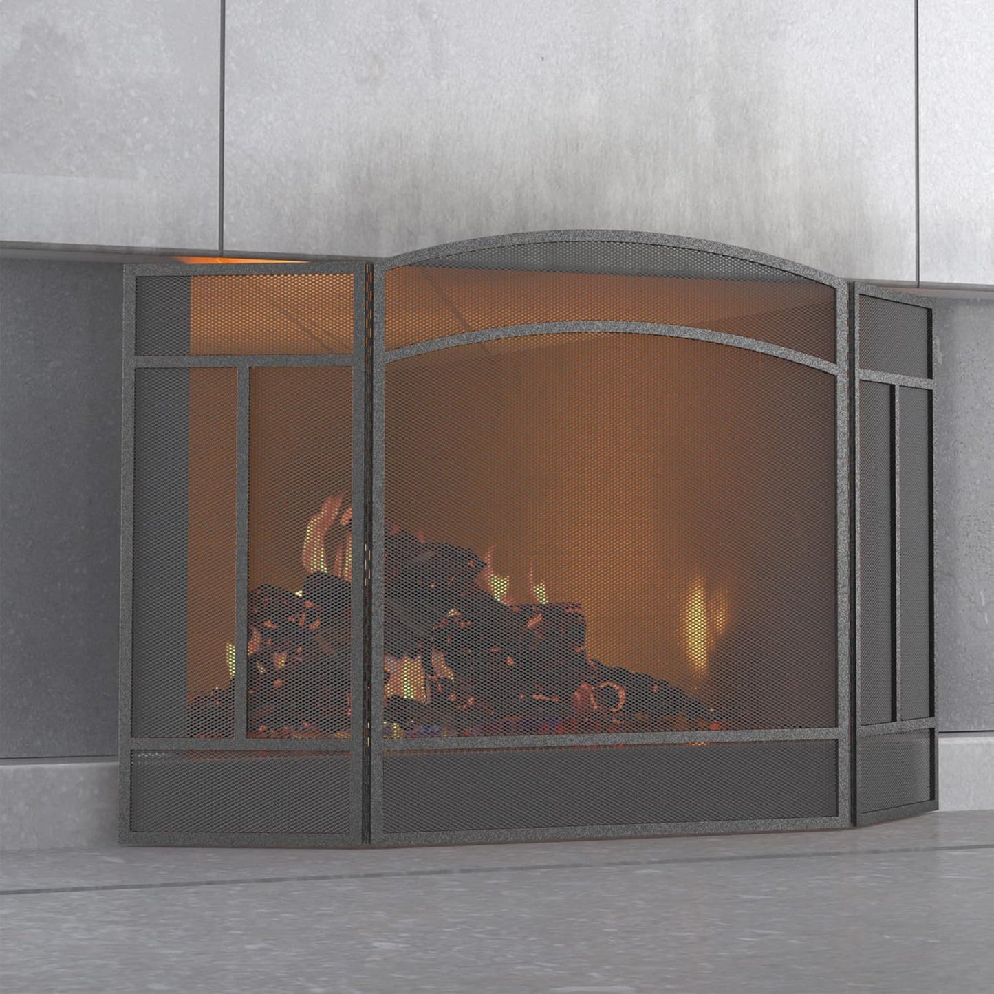 Fire Beauty Fireplace Screen 3 Panel Wrought Iron 48"(L) x 29"(H) Spark Guard Cover(Black)