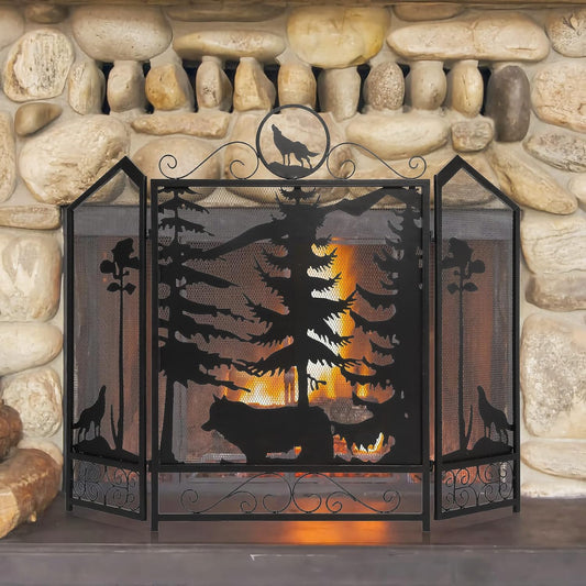 IRONWALLS Fireplace Screens Decorative, 44” (L) x 34”(H) 3-Panel Folding Fireplace Screen Black with Wolf Pattern, Free Standing Metal Fireplace Gate Fence Spark Guard for Baby Pet Safety