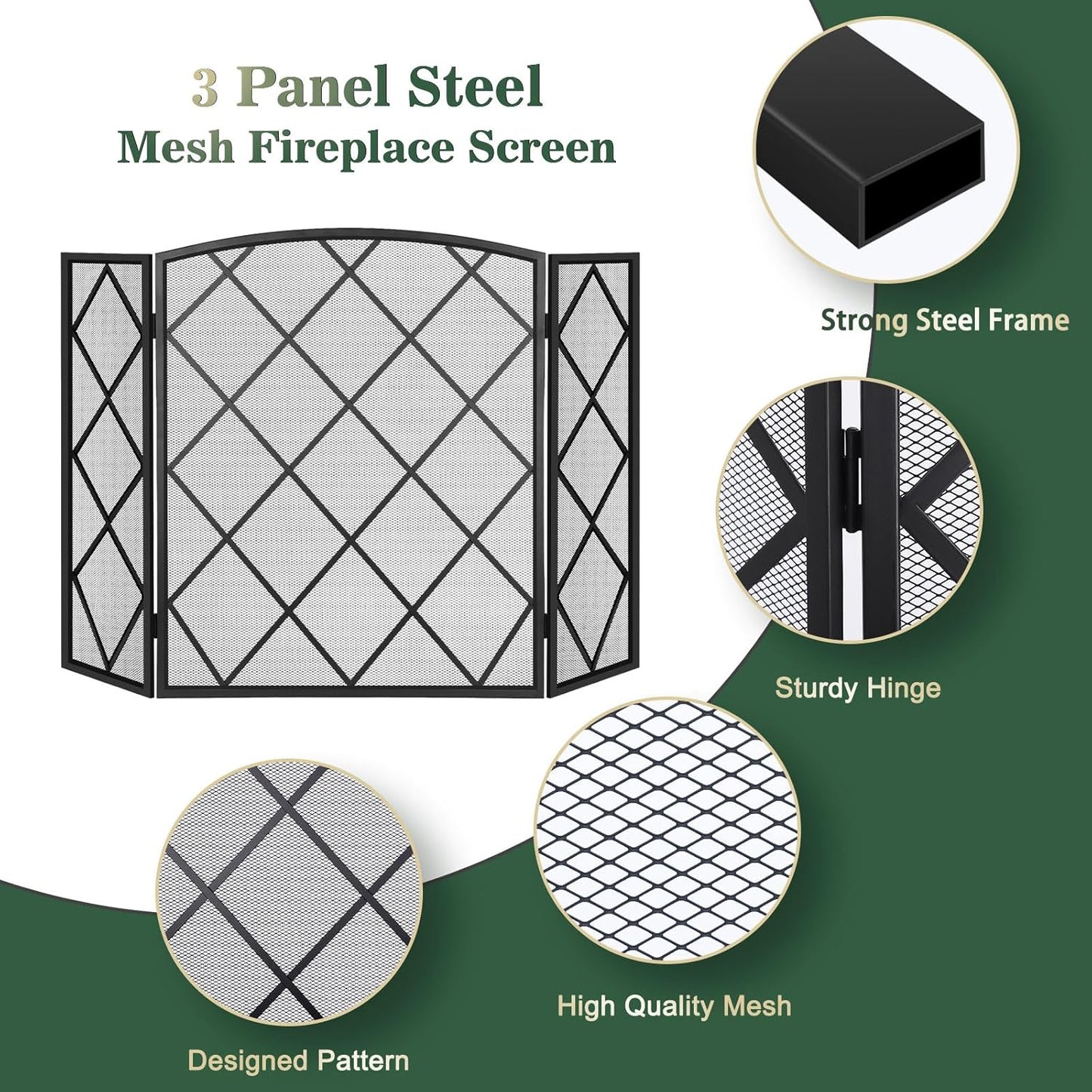 FEED GARDEN 3 Panel Fireplace Screen 48" W x 29" H Modern Foldable with Wrought Metal Decorative Mesh, Black