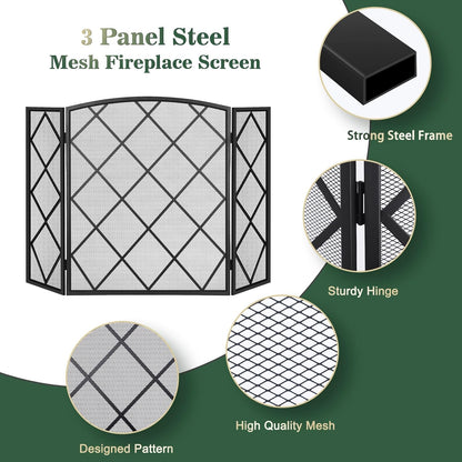 FEED GARDEN 3 Panel Fireplace Screen 48" W x 29" H Modern Foldable with Wrought Metal Decorative Mesh, Black