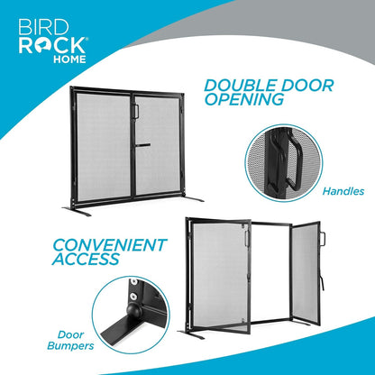 BIRDROCK HOME Fireplace Screen with Double Doors - Heavy Duty Iron Mesh, Welded for Durability, Elegant & Secure Fireplace Cover, Easy Assembly - 40 x 33 in, Black