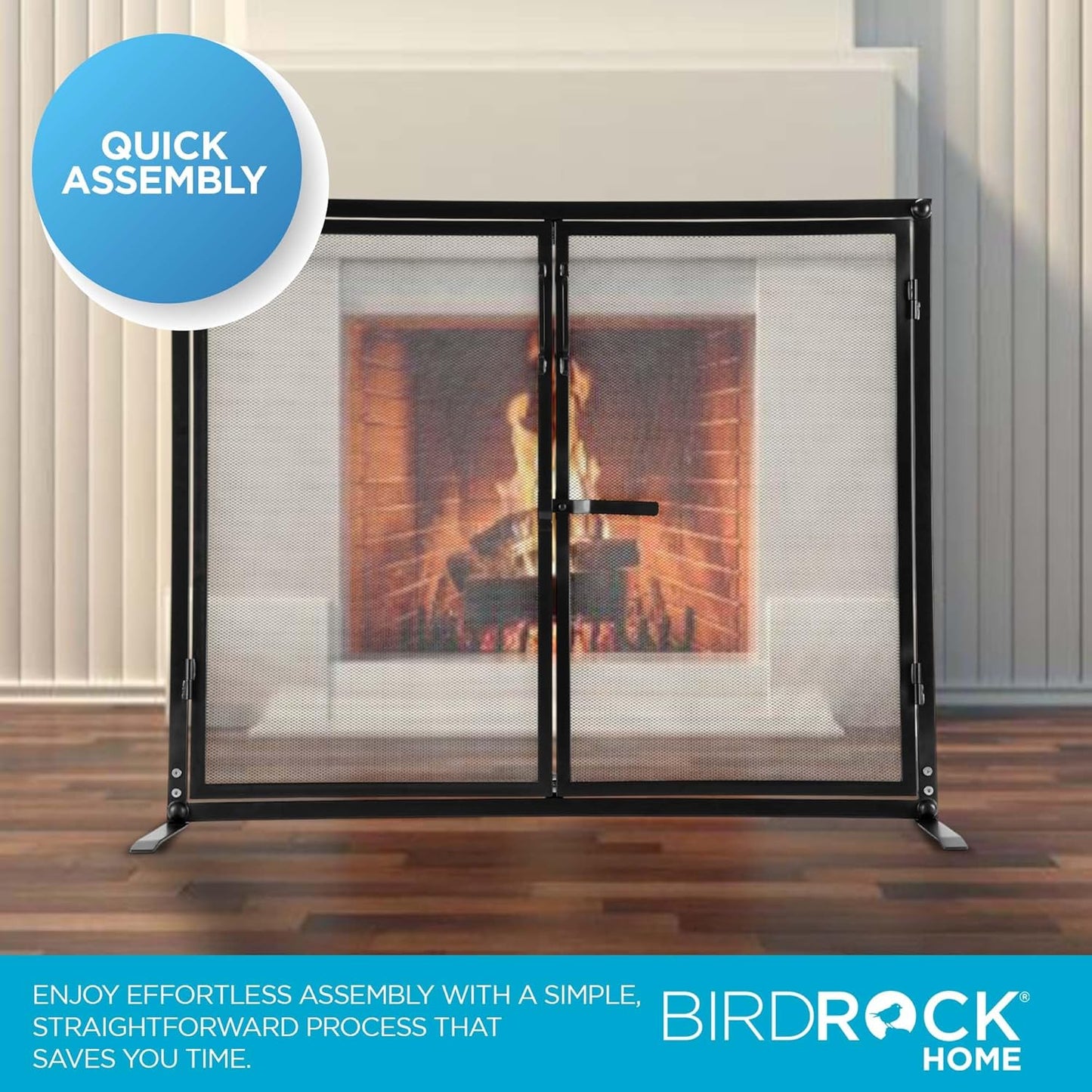 BIRDROCK HOME Fireplace Screen with Double Doors - Heavy Duty Iron Mesh, Welded for Durability, Elegant & Secure Fireplace Cover, Easy Assembly - 40 x 33 in, Black