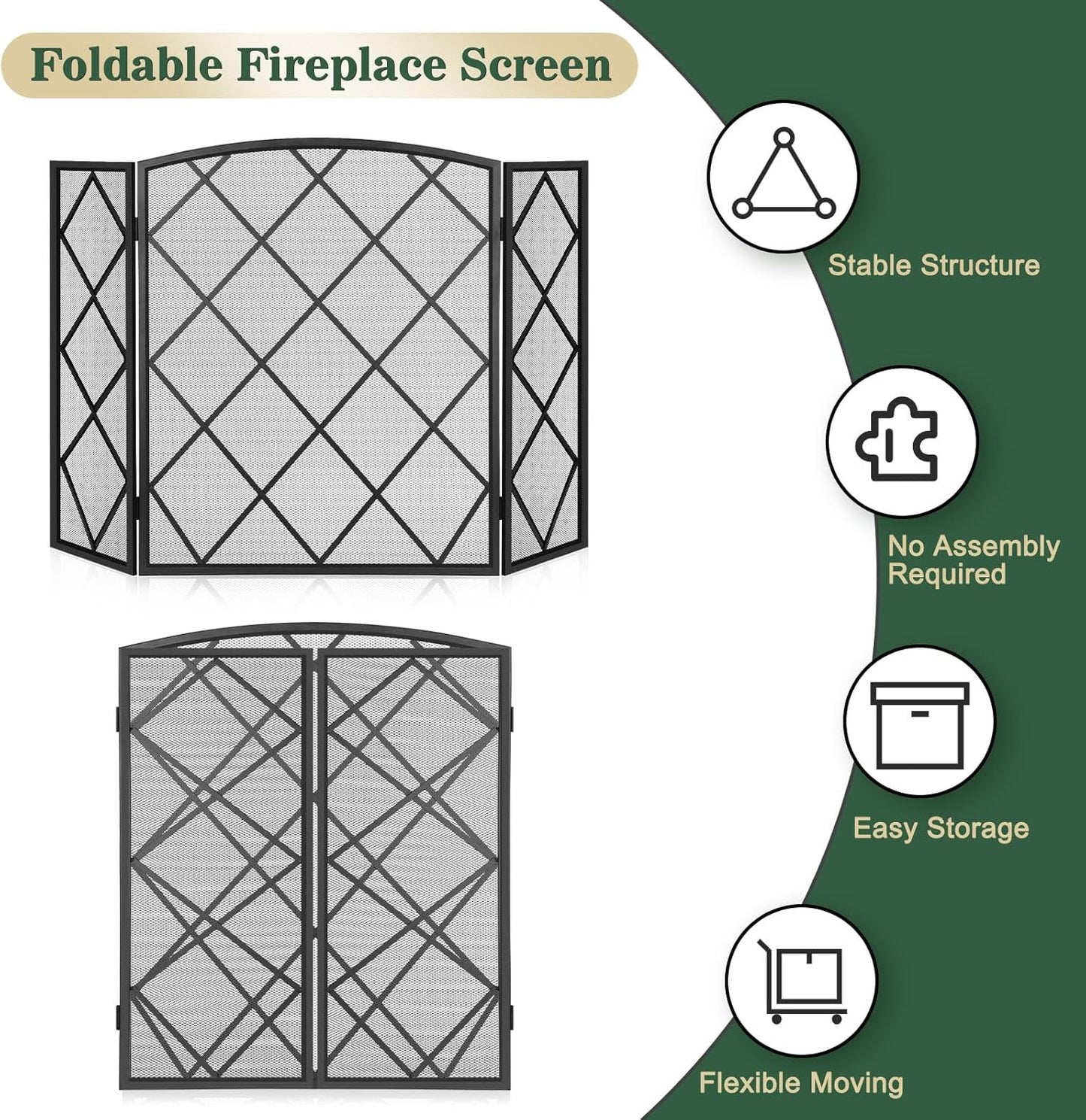 FEED GARDEN 3 Panel Fireplace Screen 48" W x 29" H Modern Foldable with Wrought Metal Decorative Mesh, Black