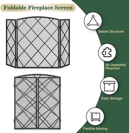 FEED GARDEN 3 Panel Fireplace Screen 48" W x 29" H Modern Foldable with Wrought Metal Decorative Mesh, Black
