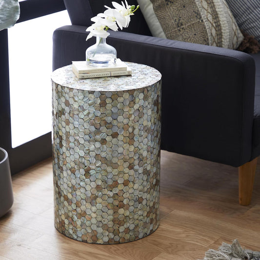 Deco 79 Mother of Pearl Shell Geometric Handmade Side End Accent Table Mosaic End Table, Side Table 14" x 14" x 20", Multi Colored