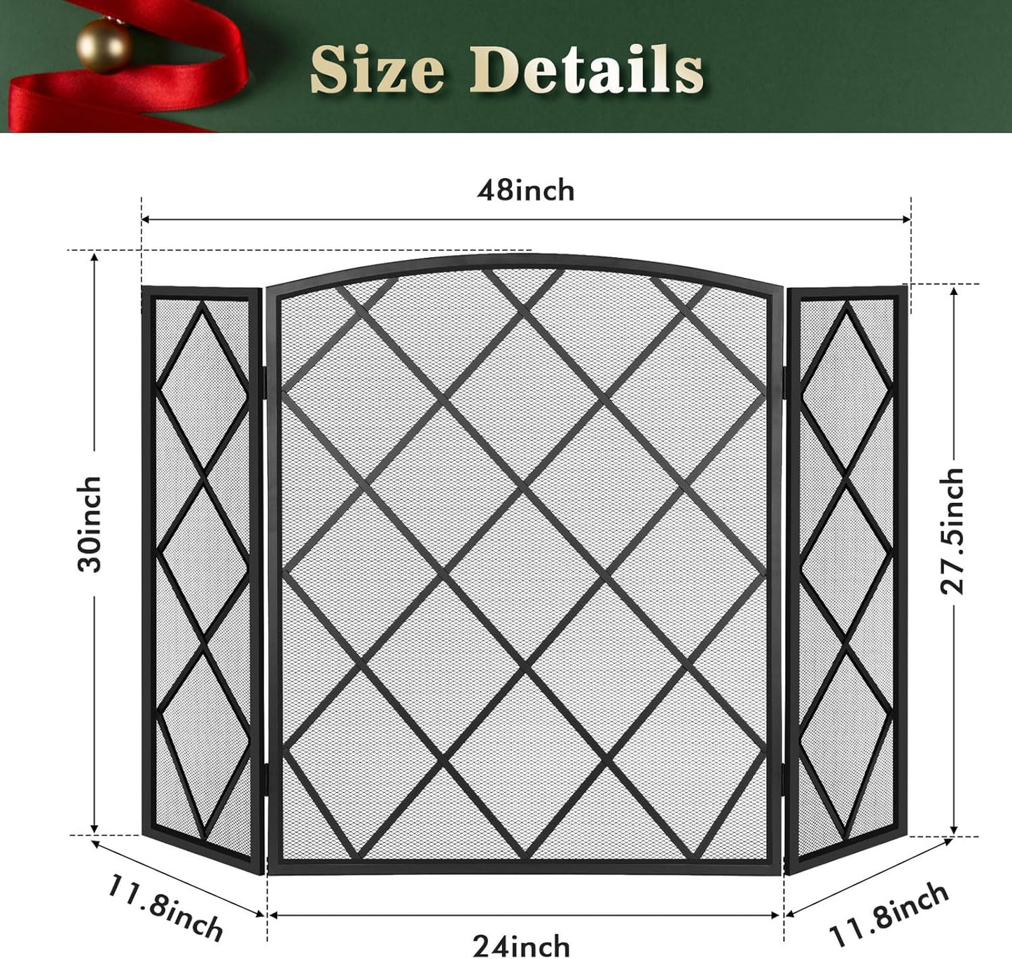 FEED GARDEN 3 Panel Fireplace Screen 48" W x 29" H Modern Foldable with Wrought Metal Decorative Mesh, Black