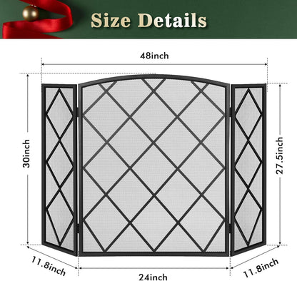 FEED GARDEN 3 Panel Fireplace Screen 48" W x 29" H Modern Foldable with Wrought Metal Decorative Mesh, Black