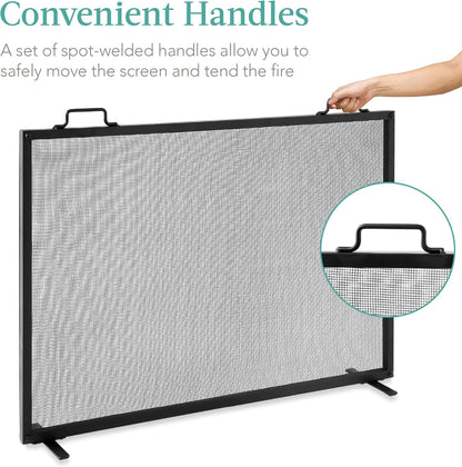 Best Choice Products 38x27in Single Panel Fireplace Screen Handcrafted Steel Mesh Spark Guard for Living Room, Bedroom Décor w/Handles - Black