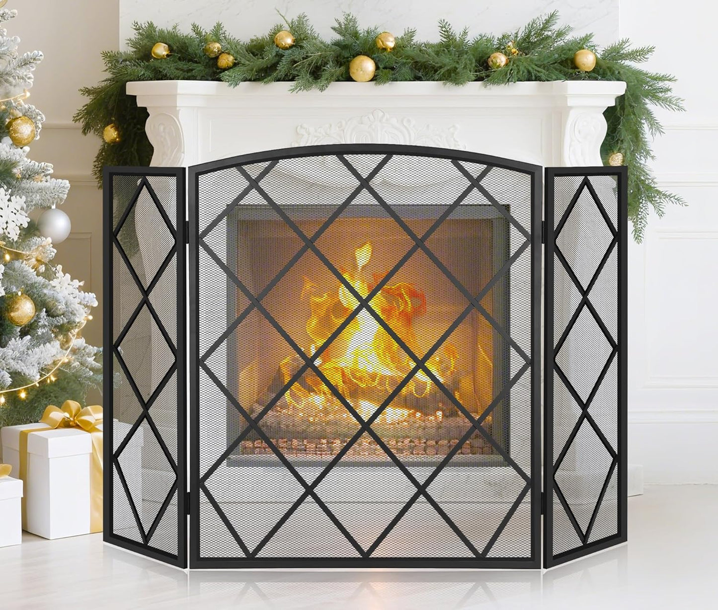 FEED GARDEN 3 Panel Fireplace Screen 48" W x 29" H Modern Foldable with Wrought Metal Decorative Mesh, Black