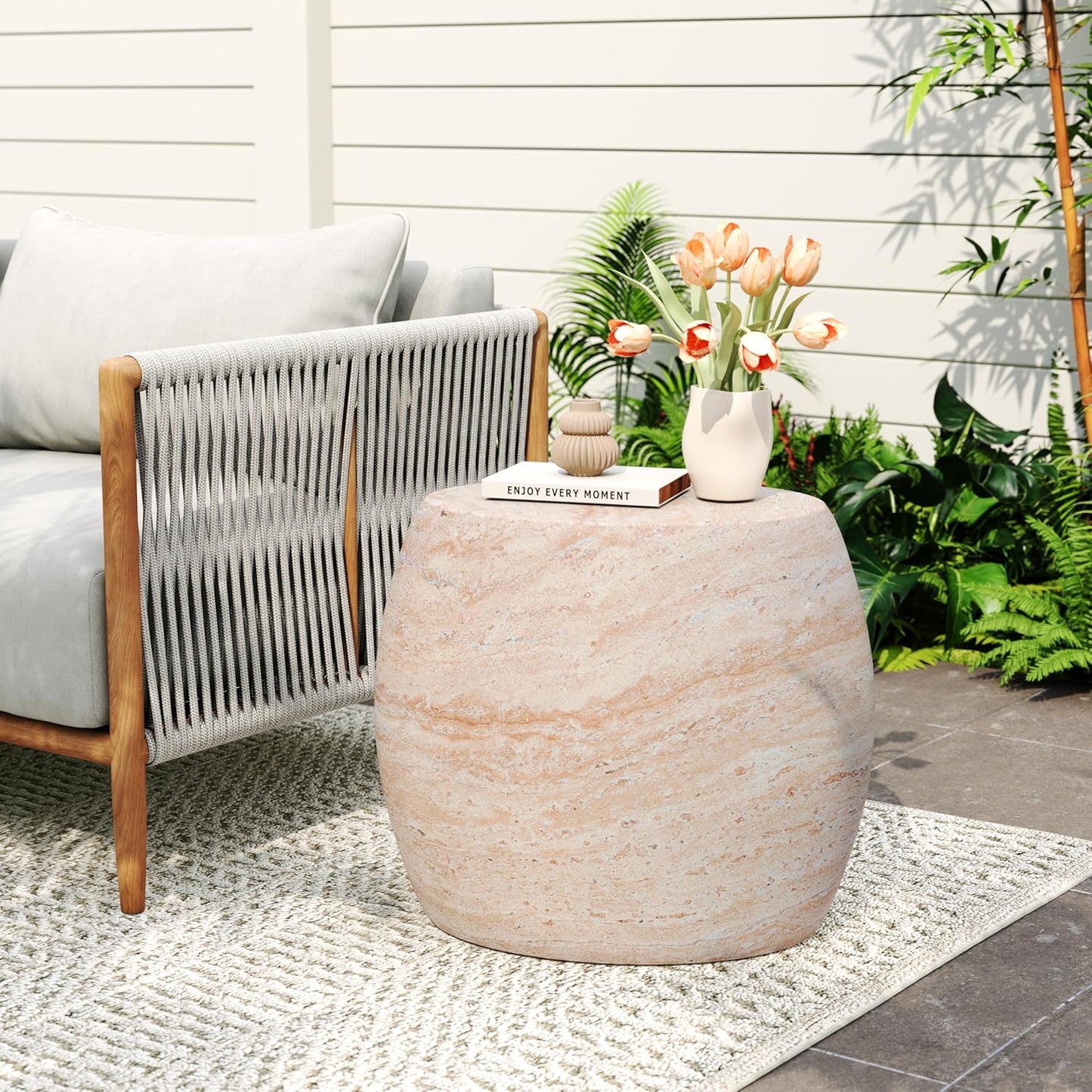 Christopher Knight Home Dila Patio Side Table, Lightweight Concrete End Table, Small Coffee Table, Garden Stool, Decorative Accent Table, Round Table Top, Side Table for Poolside Balcony, Travertine