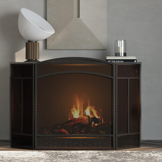 Fire Beauty Fireplace Screen 3 Panel Wrought Iron 48"(L) x 29"(H) Spark Guard Cover(Black)