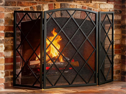 FEED GARDEN 3 Panel Fireplace Screen 48" W x 29" H Modern Foldable with Wrought Metal Decorative Mesh, Black