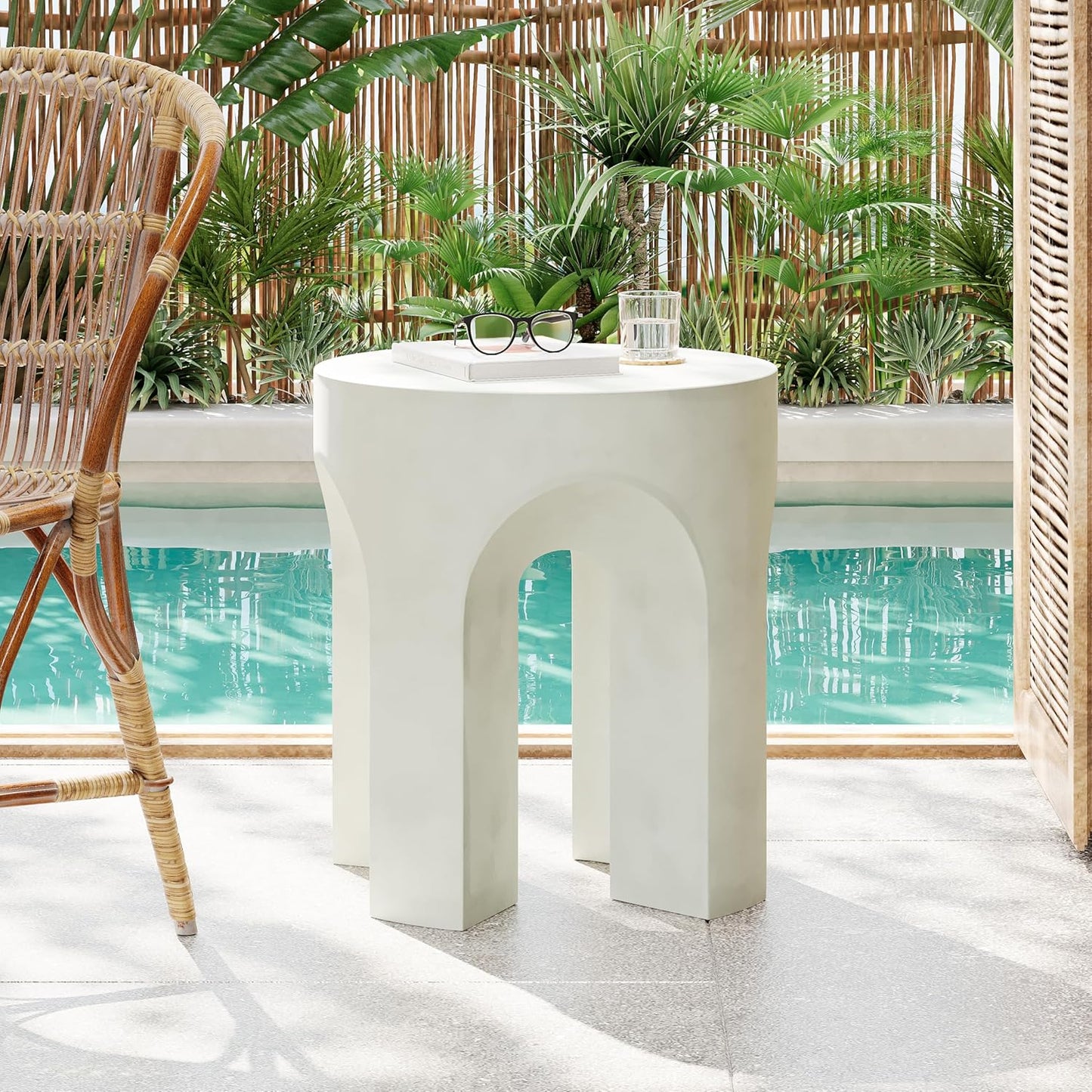 Christopher Knight Home Dila Patio Side Table, Lightweight Concrete End Table, Small Coffee Table, Garden Stool, Decorative Accent Table, Round Table Top, Side Table for Poolside Balcony, Travertine