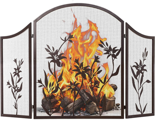 WICHEMI Fireplace Screen 3 Panel Folding Fireplace Screens 48.4 x 25.6 Inch Lily Pattern Fireplace Screen Baby Safe Proof Fence Spark Guard Cover Wrought Iron Fire Place Standing Gate (Brown)