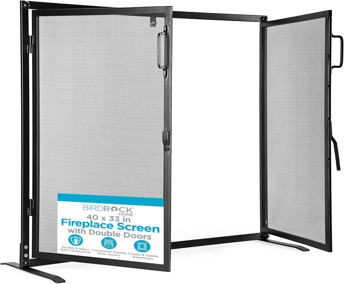 BIRDROCK HOME Fireplace Screen with Double Doors - Heavy Duty Iron Mesh, Welded for Durability, Elegant & Secure Fireplace Cover, Easy Assembly - 40 x 33 in, Black