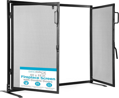 BIRDROCK HOME Fireplace Screen with Double Doors - Heavy Duty Iron Mesh, Welded for Durability, Elegant & Secure Fireplace Cover, Easy Assembly - 40 x 33 in, Black