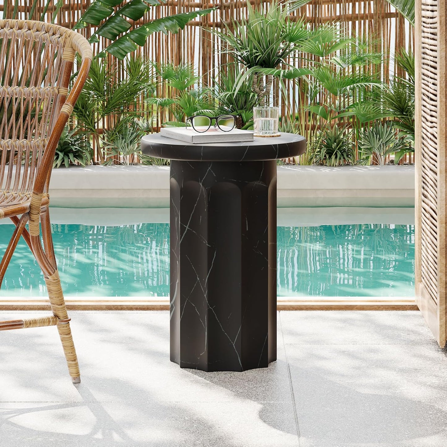 Christopher Knight Home Dila Patio Side Table, Lightweight Concrete End Table, Small Coffee Table, Garden Stool, Decorative Accent Table, Round Table Top, Side Table for Poolside Balcony, Travertine