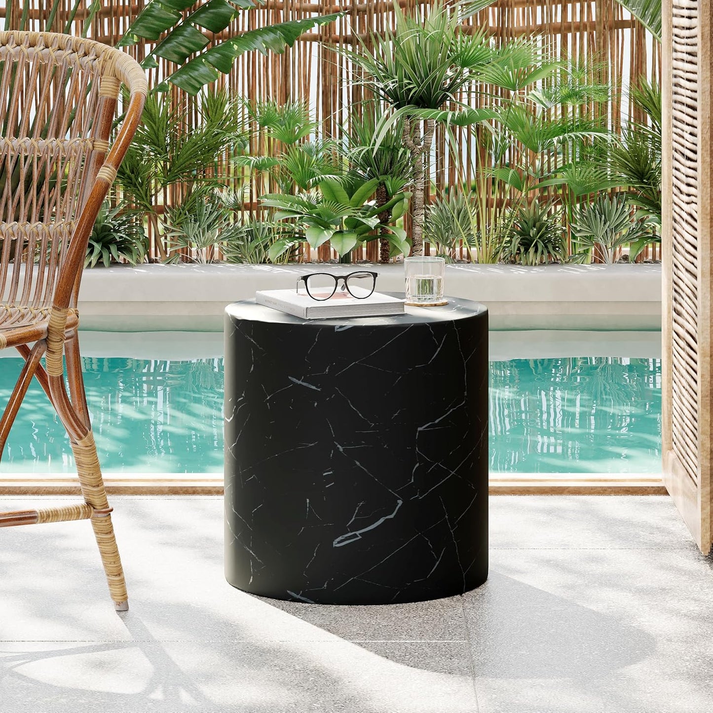 Christopher Knight Home Dila Patio Side Table, Lightweight Concrete End Table, Small Coffee Table, Garden Stool, Decorative Accent Table, Round Table Top, Side Table for Poolside Balcony, Travertine