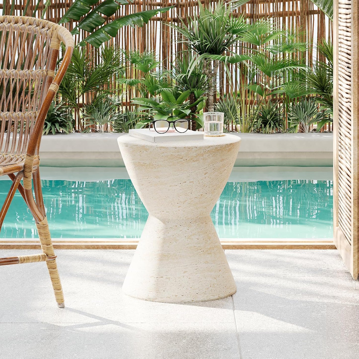 Christopher Knight Home Dila Patio Side Table, Lightweight Concrete End Table, Small Coffee Table, Garden Stool, Decorative Accent Table, Round Table Top, Side Table for Poolside Balcony, Travertine
