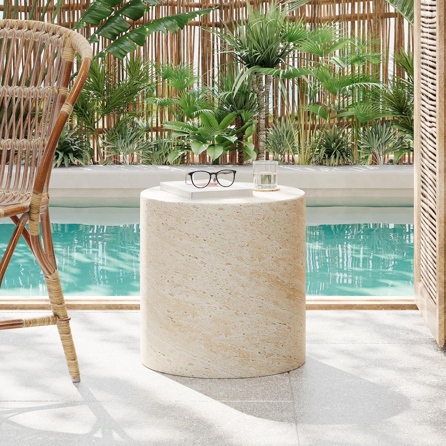 Christopher Knight Home Dila Patio Side Table, Lightweight Concrete End Table, Small Coffee Table, Garden Stool, Decorative Accent Table, Round Table Top, Side Table for Poolside Balcony, Travertine